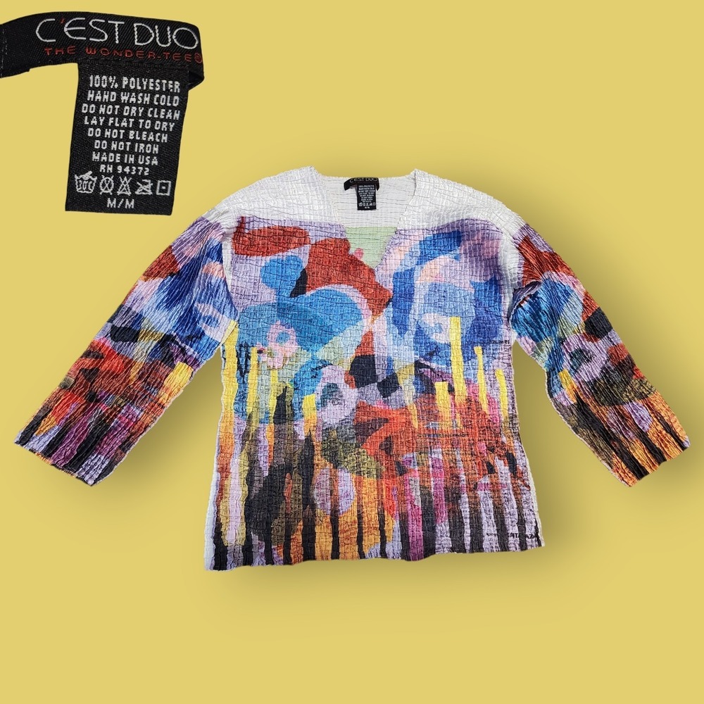 C'est Duo The Wonder-Tee Vintage Popcorn Crinkle Top Artsy Abstract Multi Sz M